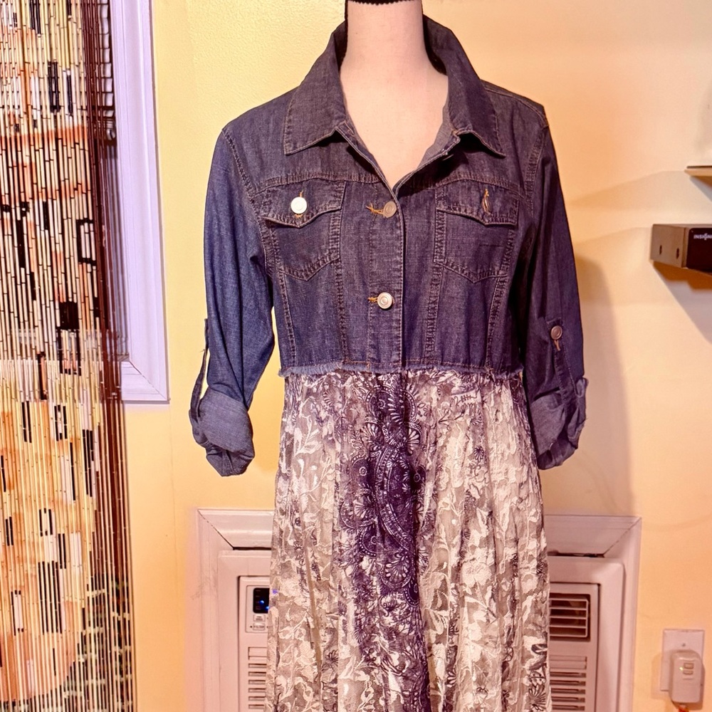 Elegant Blue Denim and Floral Dress